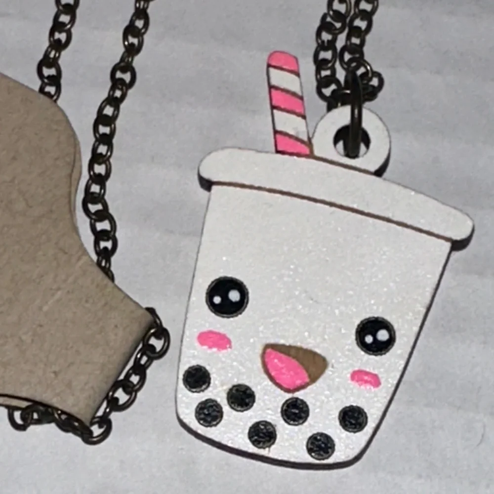 Boba Tea Necklace - White and Pink Hand cut wood